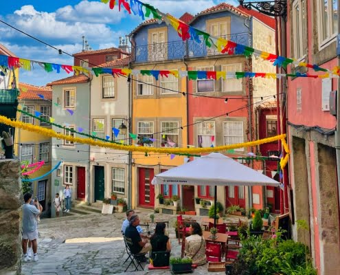 Porto Street during Festivals with bunting and people