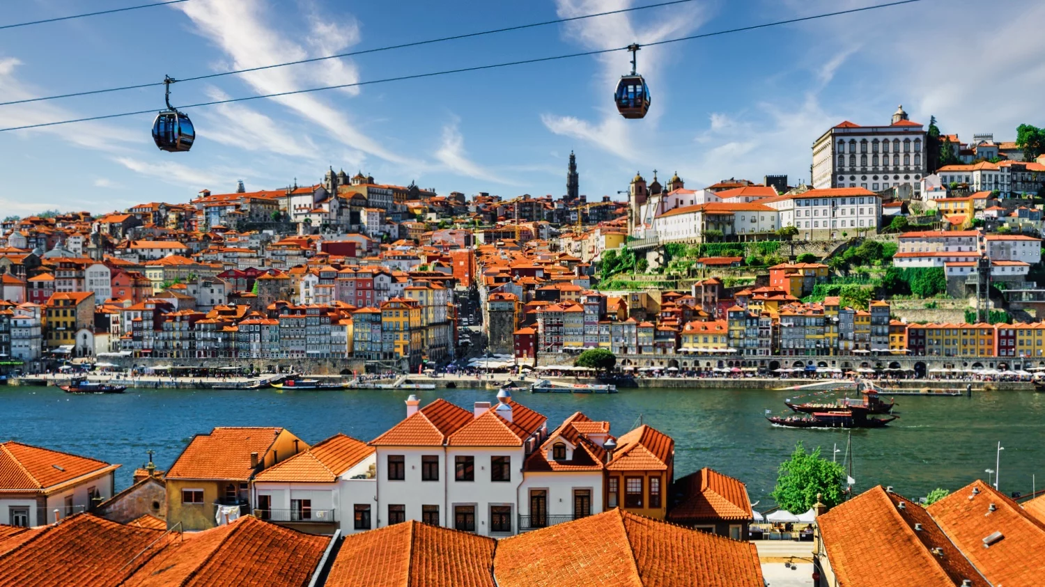Porto, Portugal old town skyline with orange rooftops on the Douro River